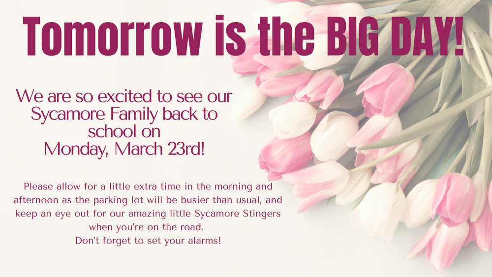 Tomorrow is the big day! Back to school is Monday, March 23rd. 