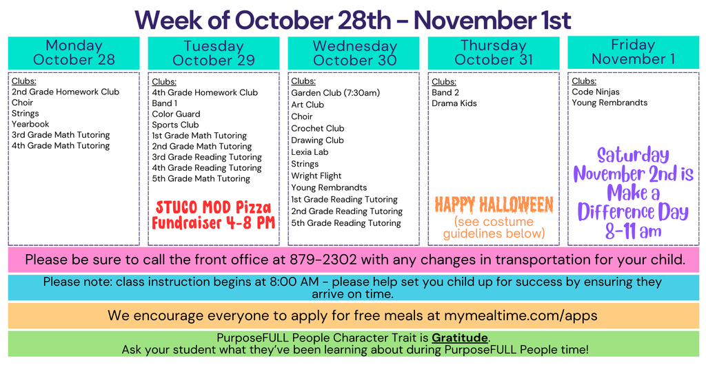 A weekly calendar for Desert Willow Elementary School, outlining daily activities from Monday, October 28th to Friday, November 1st. The calendar includes clubs, tutoring sessions, special events like a STUCO MOD Pizza Fundraiser. It also highlights a "Make a Difference Day" on Saturday, November 2nd, from 8 AM to 11 AM.