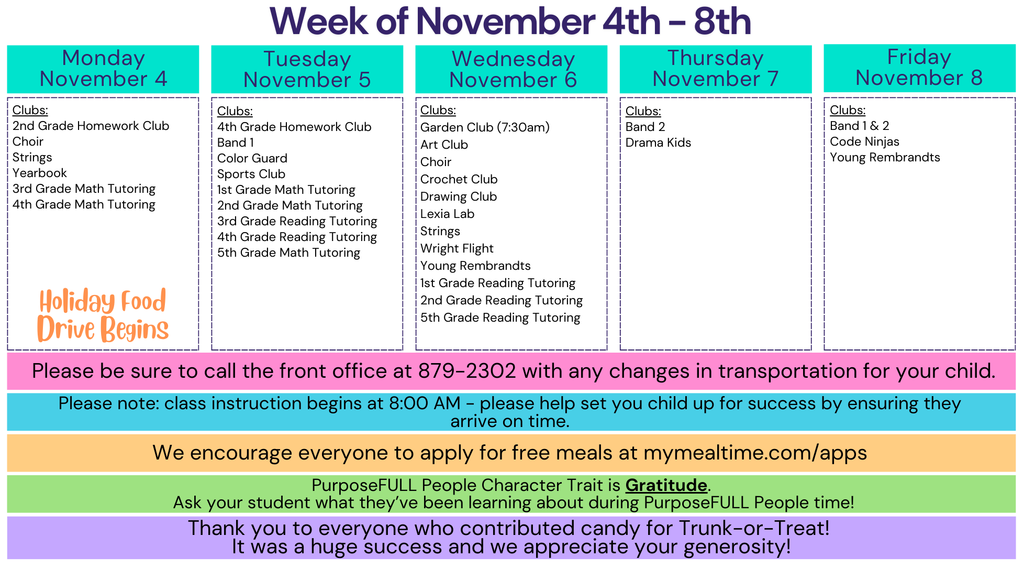 A weekly calendar for Desert Willow Elementary School, outlining daily activities from Monday, November 4th to Friday, November 8th. The calendar includes clubs, tutoring sessions, special events like a Holiday Food Drive, and a reminder to sign up for free meals. It also highlights the importance of on-time arrival and transportation notifications.