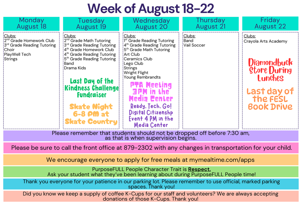 Rattler Calendar 8/18-8/22