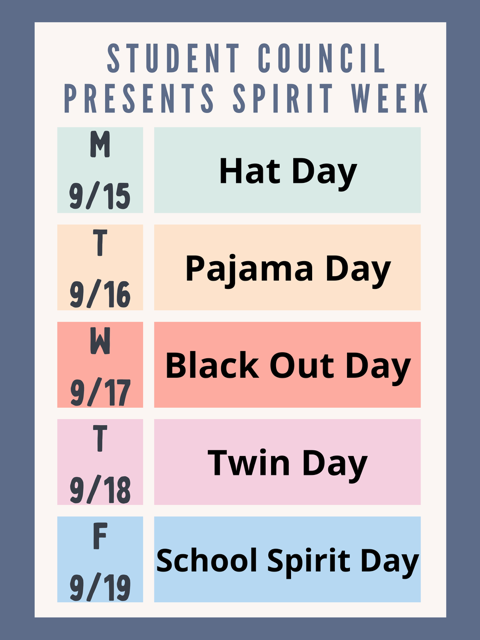 Student Council Presents Spirit Week  Monday 9/15 - Hat Day Tuesday 9/16 - Pajama Day Wednesday 9/17 - Black Out Day Thursday 9/18 - Twin Day Friday 9/19 - School Spirit Day
