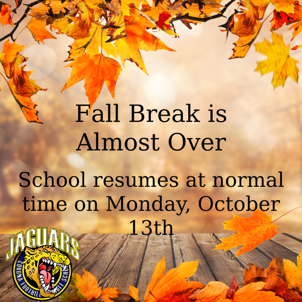 Fall break is almost over. We look forward to seeing everyone bright and early on Monday, October 13th!