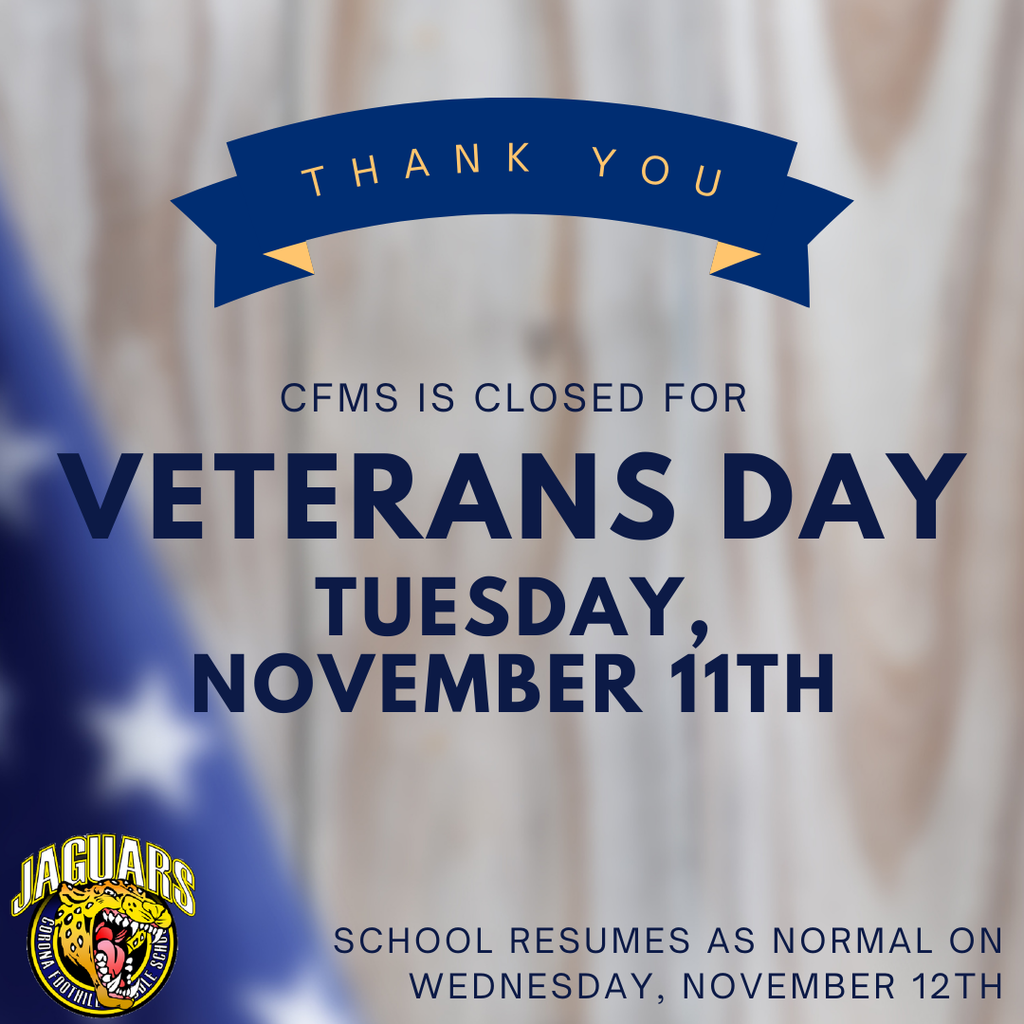 School is closed for Veterans' Day Tomorrow, Tuesday, November 11th. School will resume as normal on Wednesday, November 12th.
