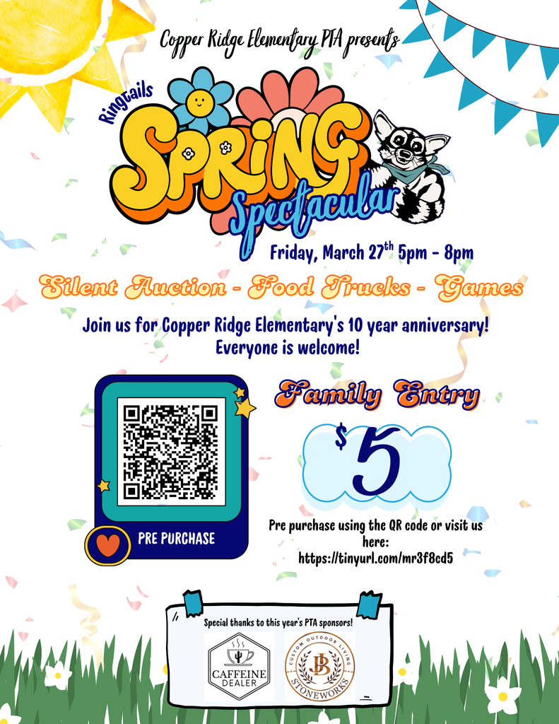Information about our Spring Spectacular event happening on Friday, March 27th from 5 pm to 8 pm. $5 entry per family. Pre-Order tickets at https://tinyurl.com/mr3f8cd5