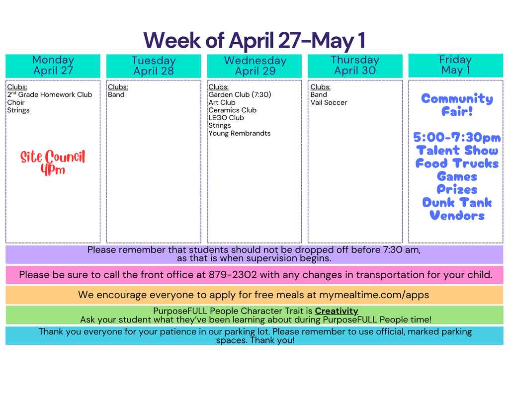 Calendar For April 27-May 1