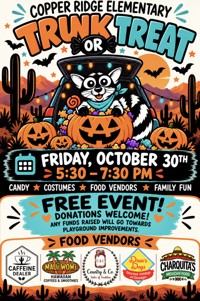 CRE PTA Trunk or Treat, Friday 10/30 5:30 to 7:30 Free event, food trucks, costume contest, family fun,
