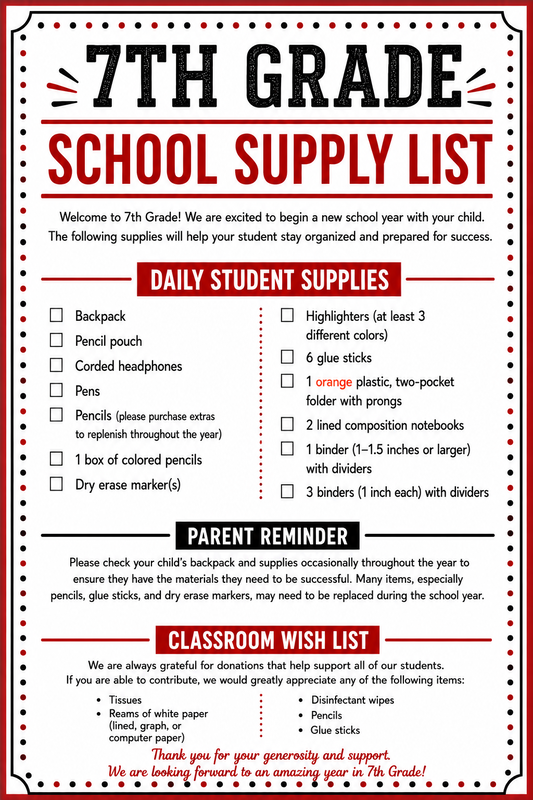 7th Grade Supplies List