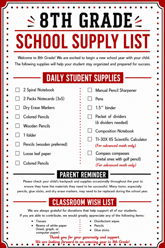 8th Grade Supplies List