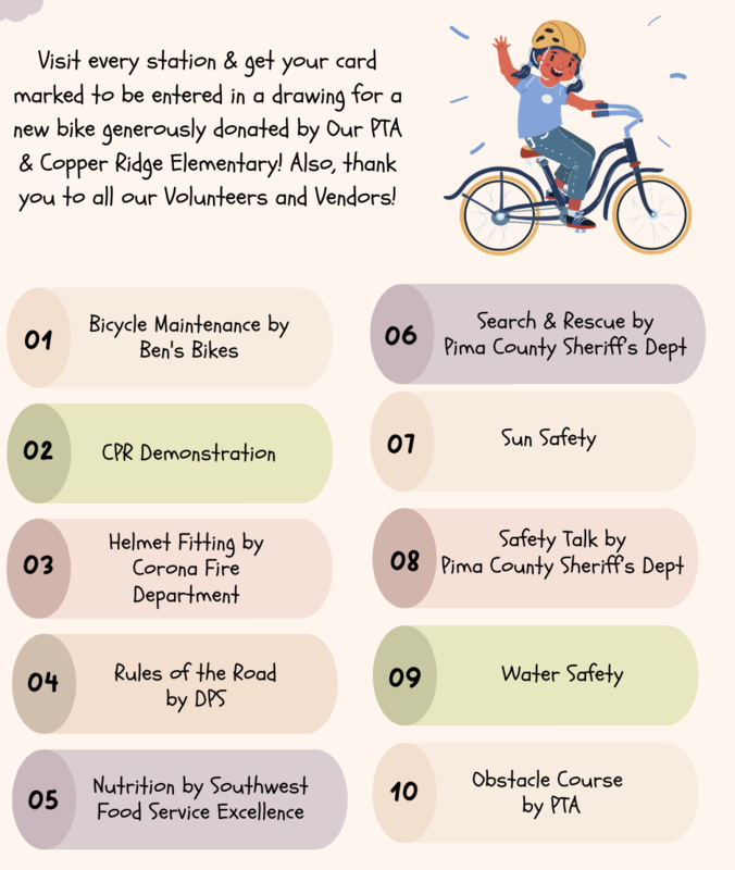 Visit every station & get your card marked to be entered in a drawing for a new bike generously donated by Our PTA & Copper Ridge Elementary! Also, thank you to all our Volunteers and Vendors! See any of the 10 Stations!