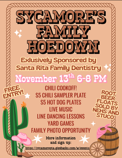 Sycamore's Family Hoedown November 23th Free Entry 6-8 pm. Chili cookoff $5 sample plate. 5$ hotodog plates Live music line dancing yard games and photo opportunity!