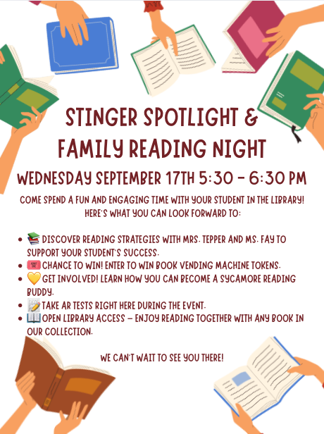 Stinger Spotlight and Family Reading Night Wednesday September 17th 5:30 - 6:30 