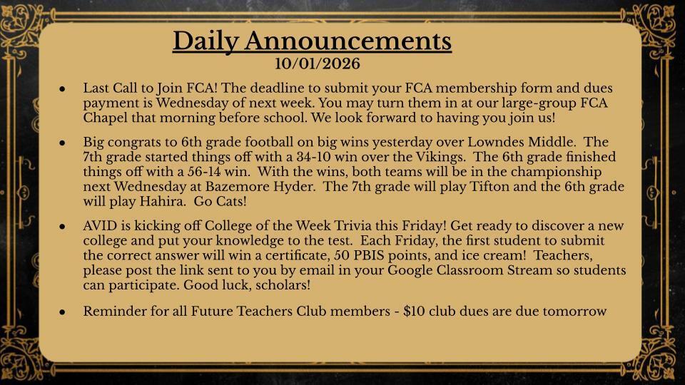 Daily Announcements 10/01/2026