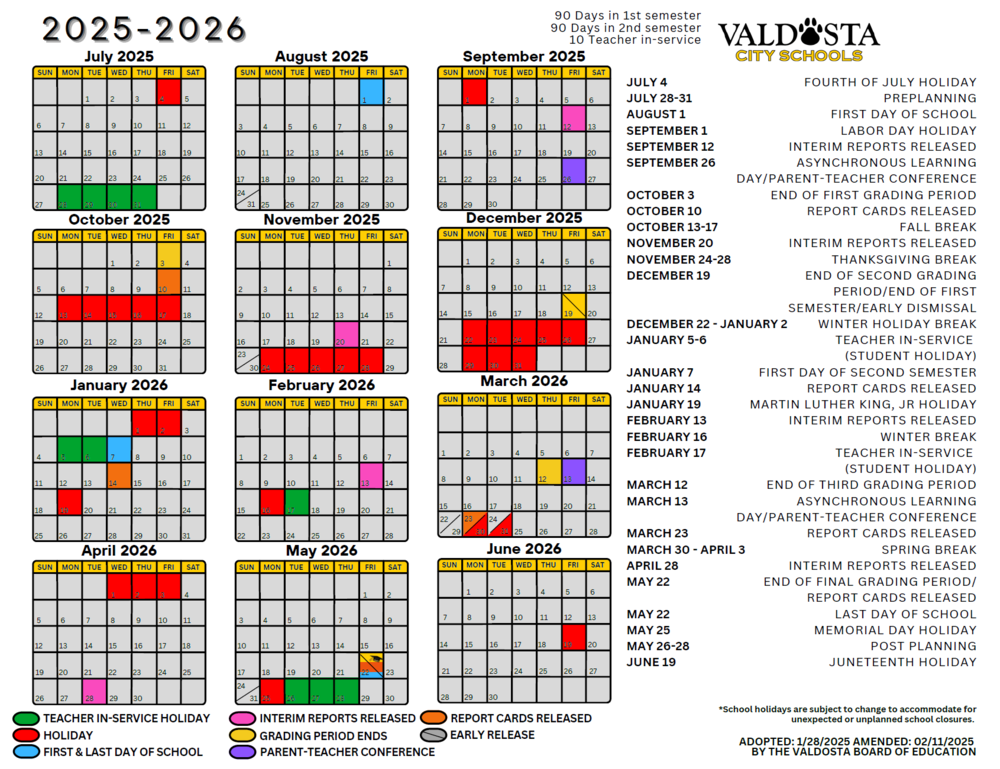 English version of the academic calendar
