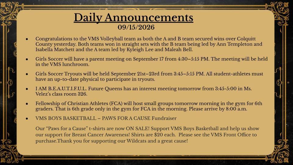 Daily Announcements 9/15/26