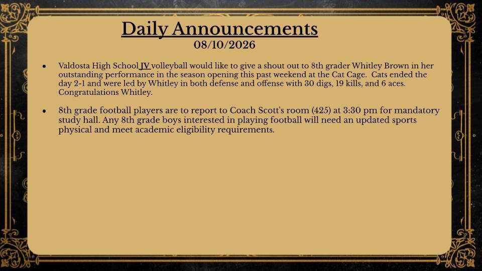 Daily Announcements 8/10/26