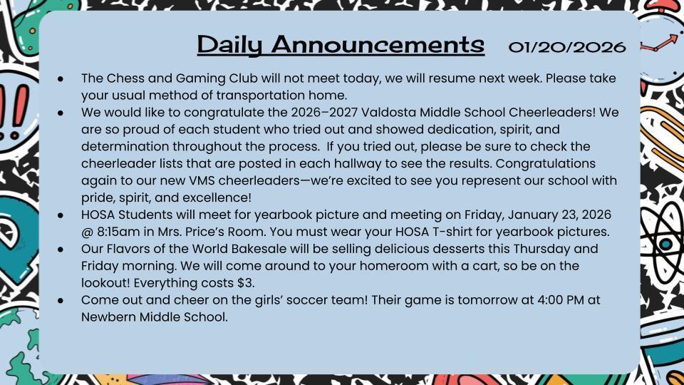 Daily Announcements 1/20/26