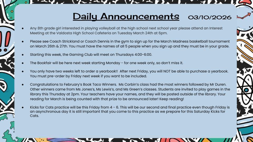 Daily Announcements 3/10/26