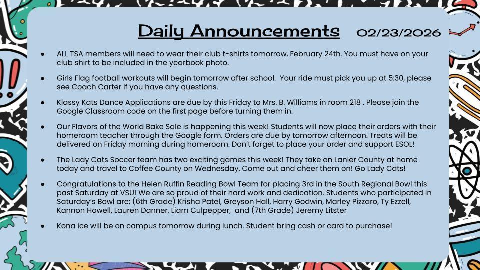 Daily Announcements 2/23/26