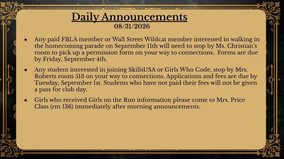 Daily Announcements 8/31/26