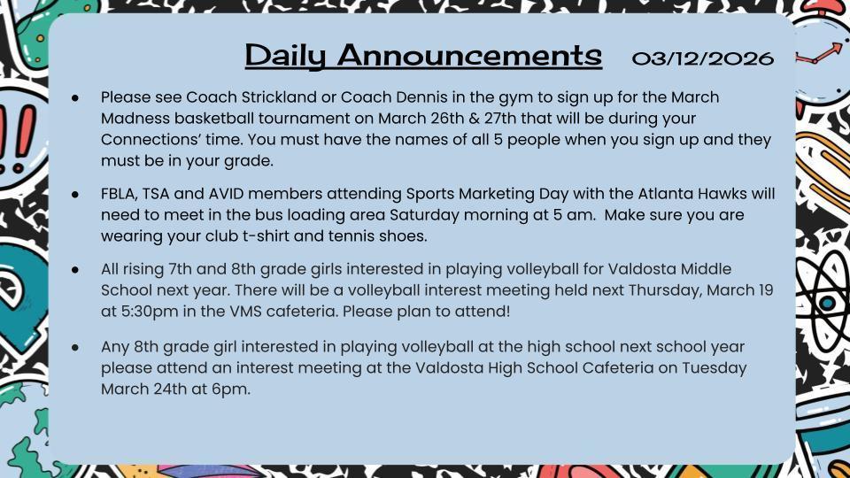 Daily Announcements 3/12/26