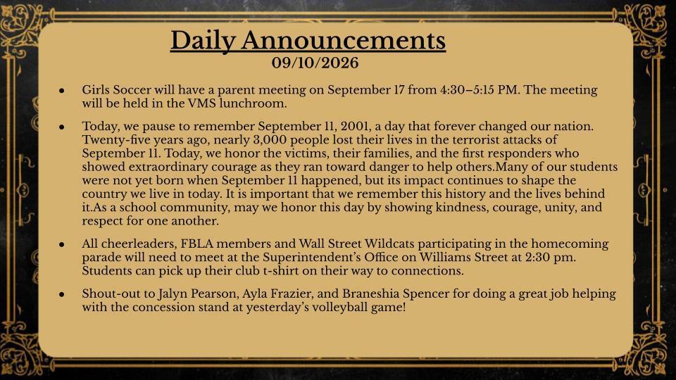 Daily Announcements 9/11/26