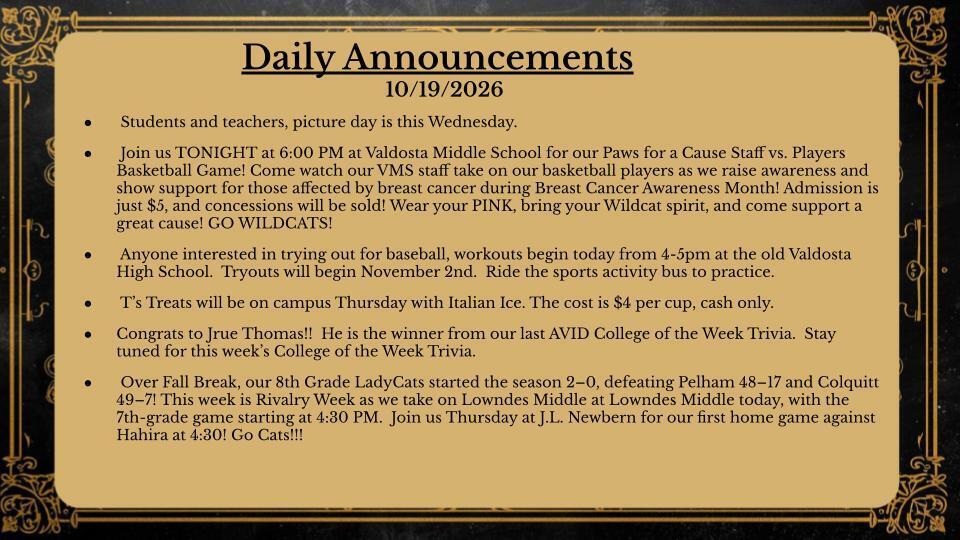 Daily announcements 10/19/26