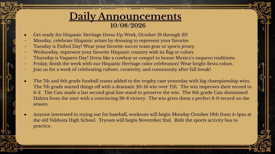 Daily Announcements 10/8/26