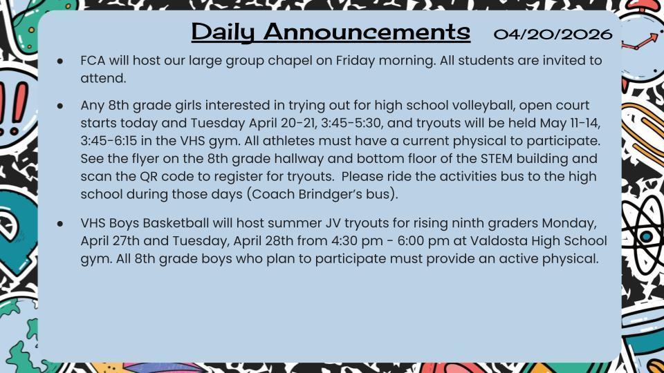 Daily Announcements 4/20/26