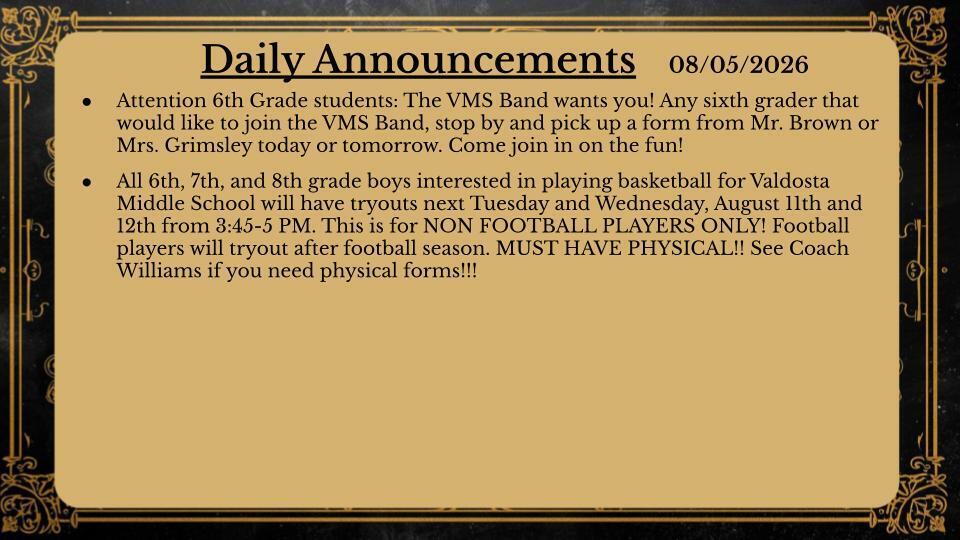 Daily Announcements 8/5/26