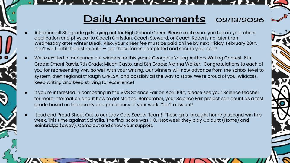 Daily Announcements 2/13/26