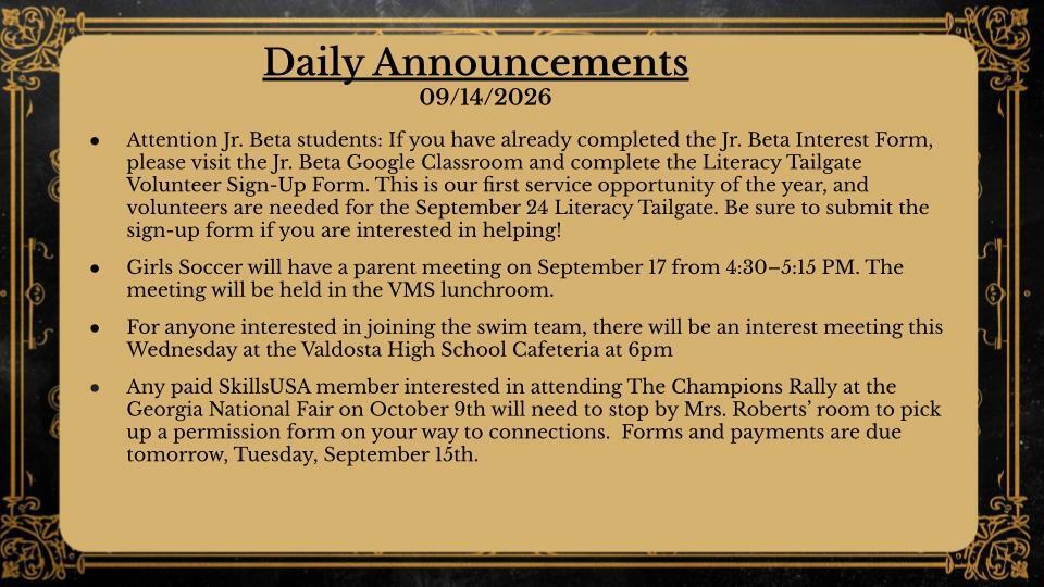 Daily Announcements 9/14/26