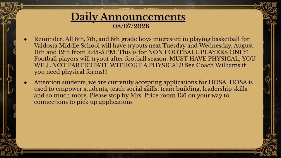 Daily Announcements 8/7/26