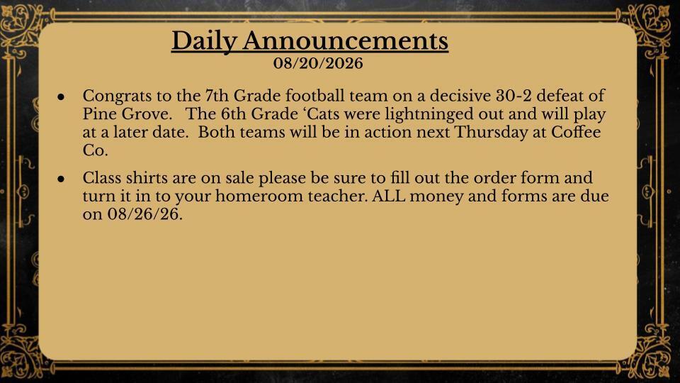 Daily Announcements 8/20/26