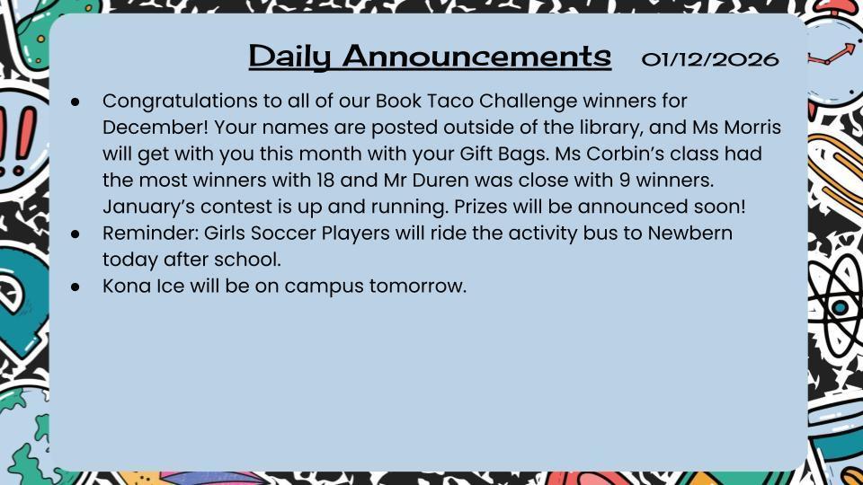 Daily Announcements 1/12/26