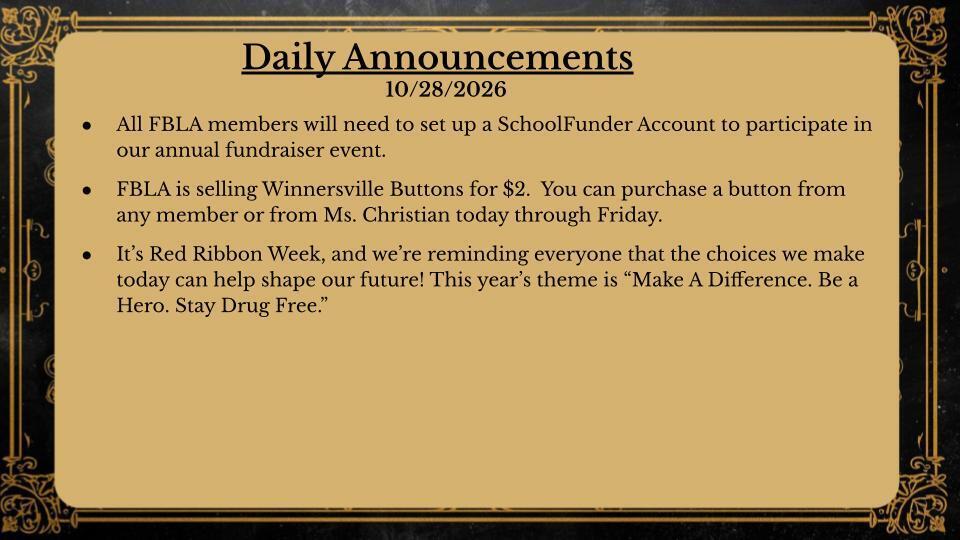 Daily Announcements 10/28/26