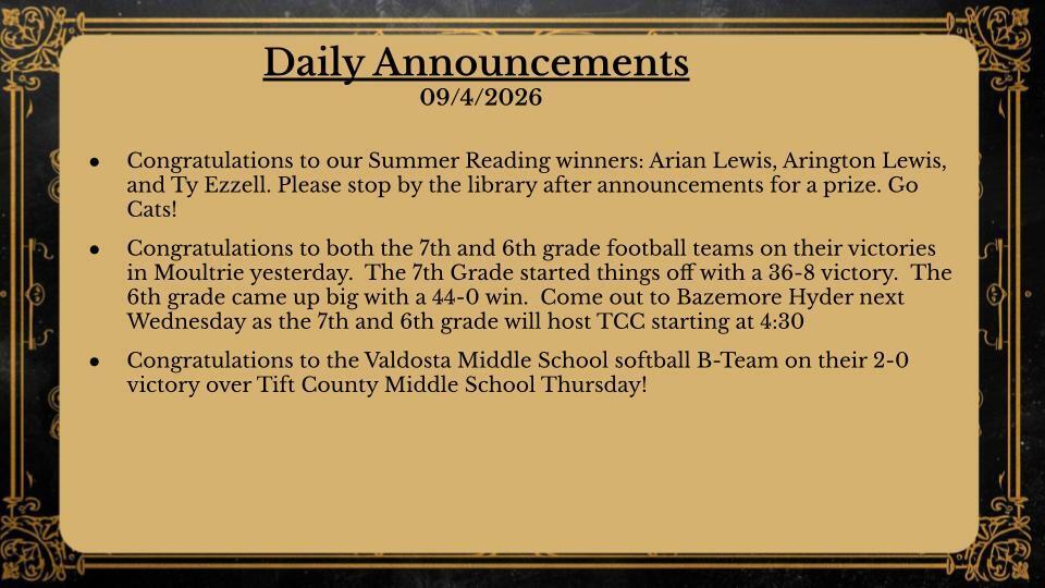 Daily Announcements 9/4/26