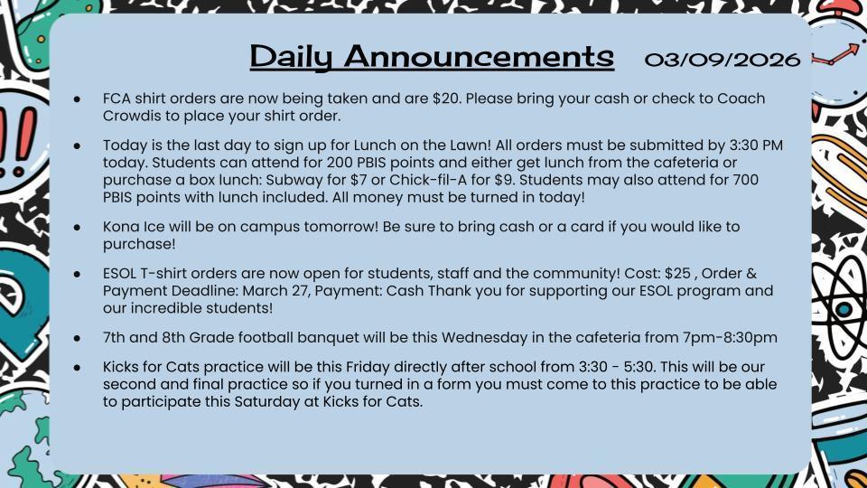 Daily Announcements 3/9/26