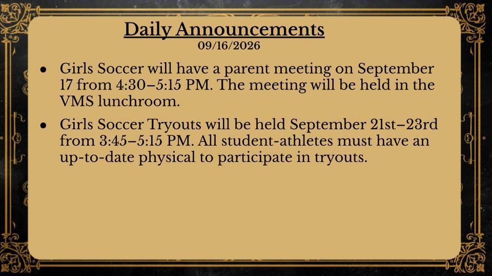 Daily Announcements 9/16/26