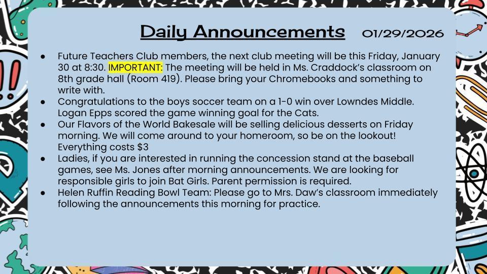 Daily Announcements 1/29/26