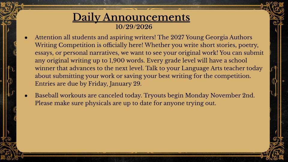 Daily Announcements 10/29/26