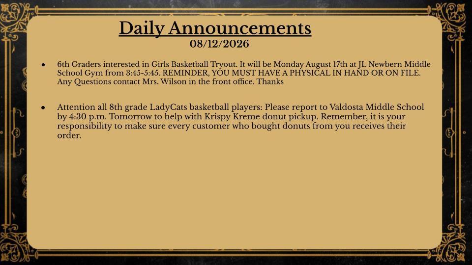 Daily Announcements 8/12/26