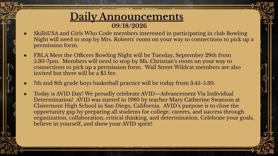 Daily Announcements 9/18/26