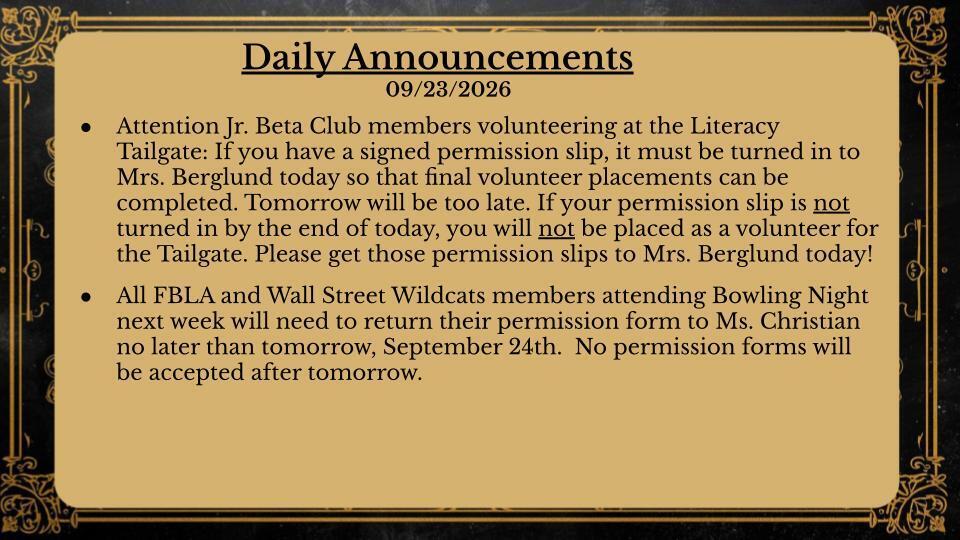 Daily Announcements 9/23/26