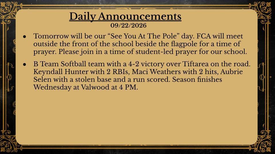 Daily Announcements 9/22/26