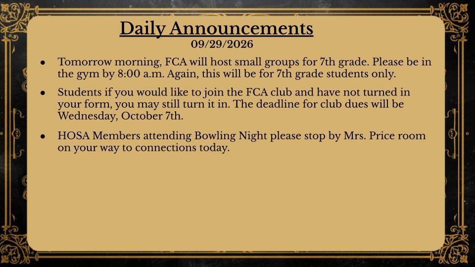 Daily Announcements 9/29/26