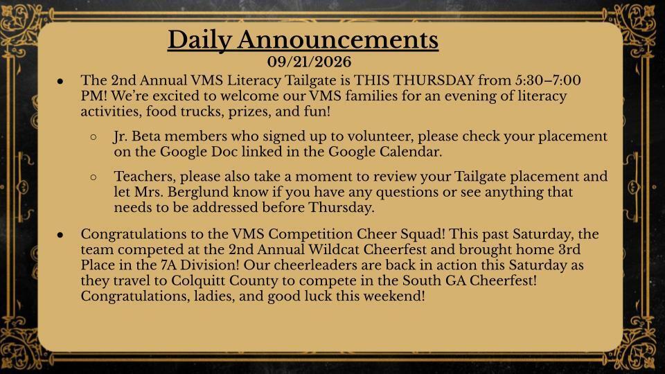 Daily Announcements 9/21/26