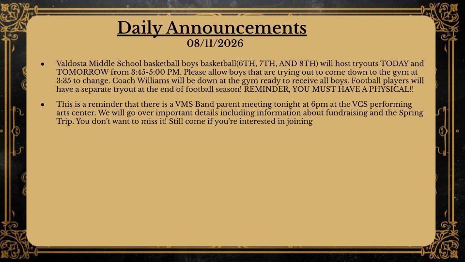Daily Announcements 8/11/26