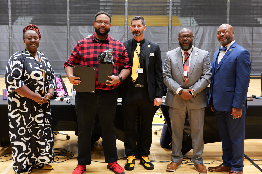 Group photo of Matt Brown with Technology Director, Deputy Superintendent, Superintendent and Board Chair