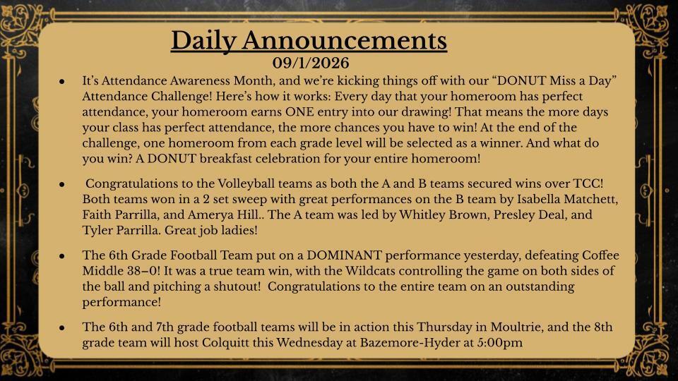 Daily Announcements 9/1/26