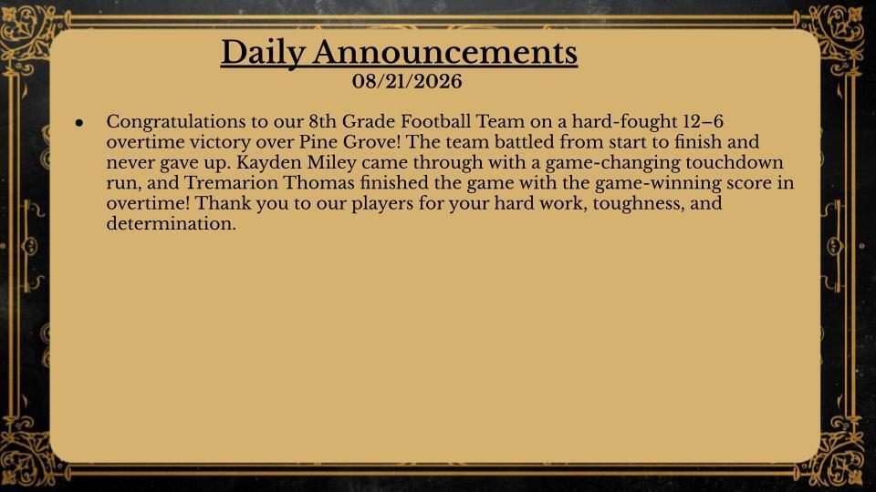 Daily Announcements 8/21/26